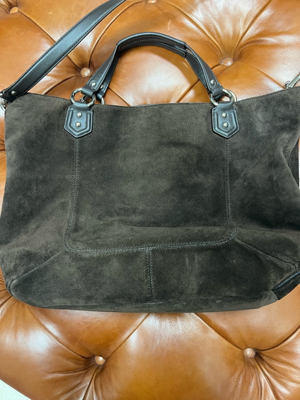 Coach Chocolate Brown Suede Buckle-Front Satchel with Leather Trim - Picture 2 of 4